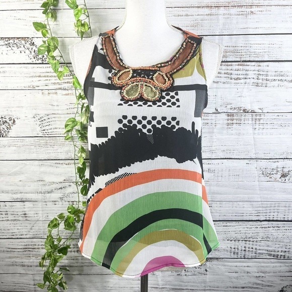 Desigual Blouse Tank Extra Small Orange Green Black Sheer Beads Cocktail Party - Picture 1 of 10